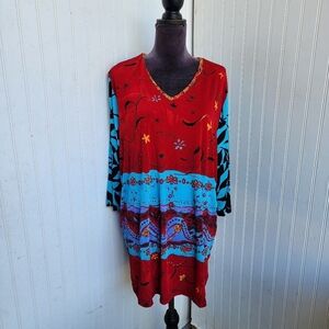 STUDIO G Genuine Womens 3/4 Sleeve Blouse Top Stretch Colorful Red Blue Plus 2X